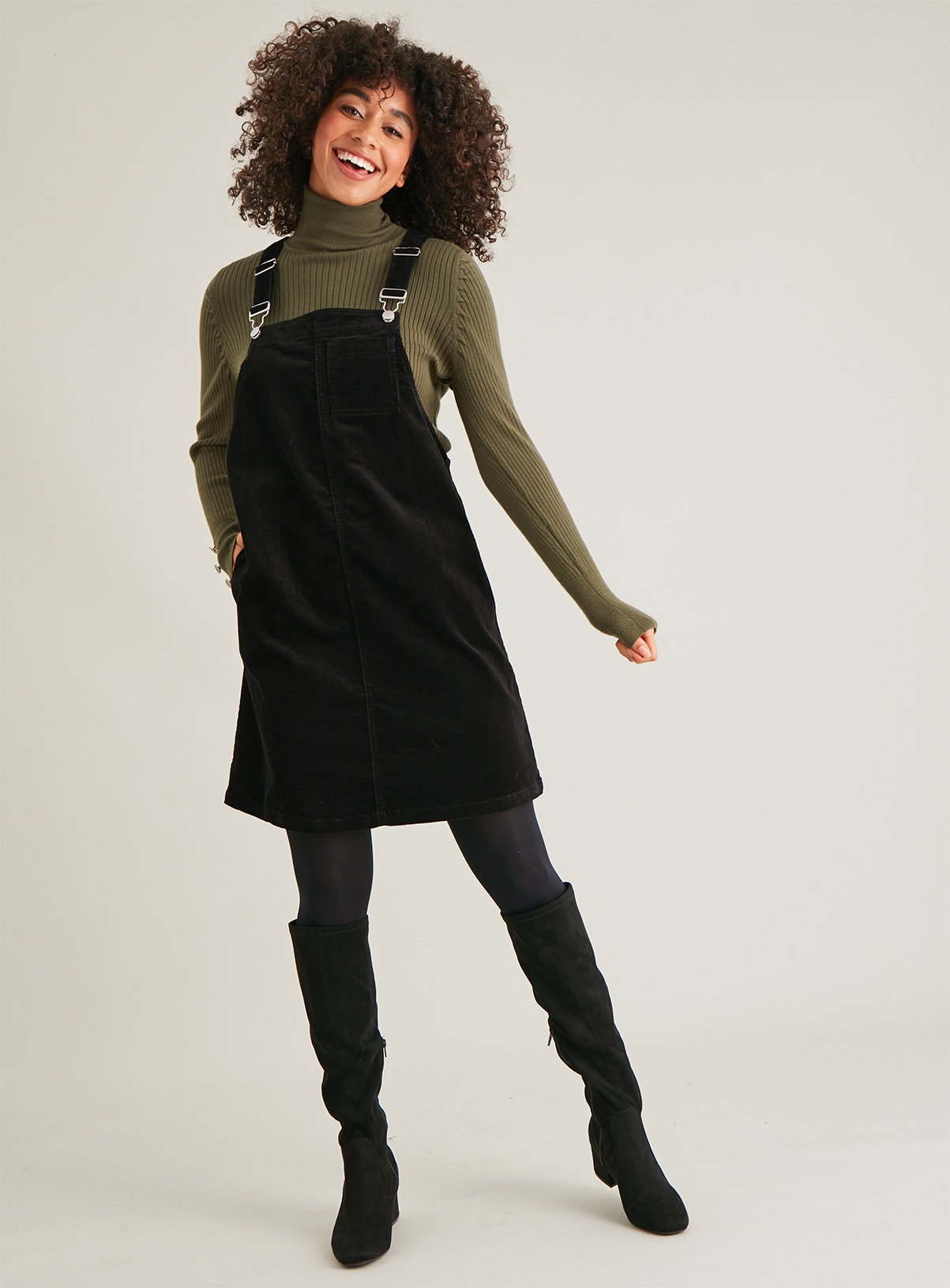 black corduroy pinafore dress