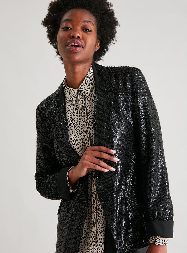 Relaxed Sequin Ruched Sleeve Blazer | mail.napmexico.com.mx