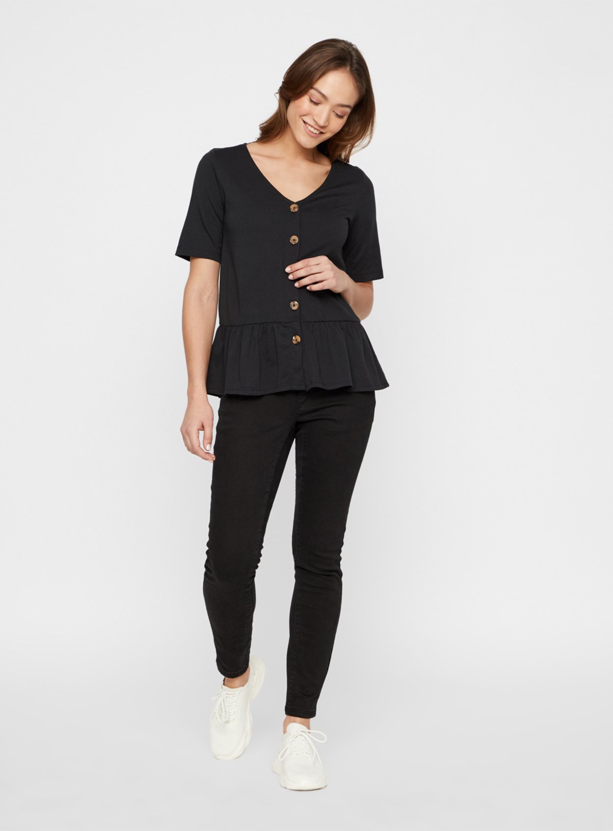 Black Button-Through Peplum Hem Top Review