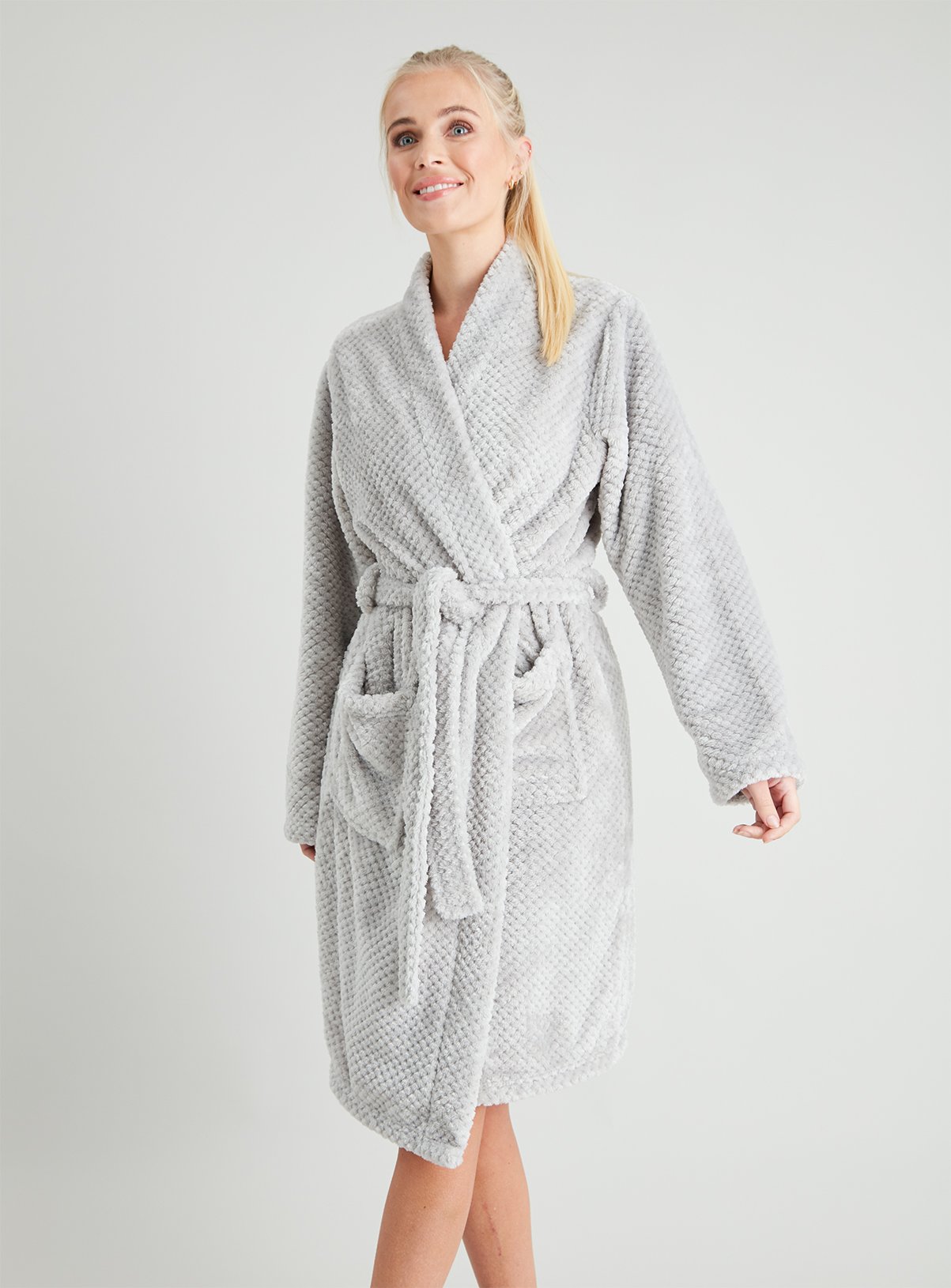 grey fluffy dressing gown