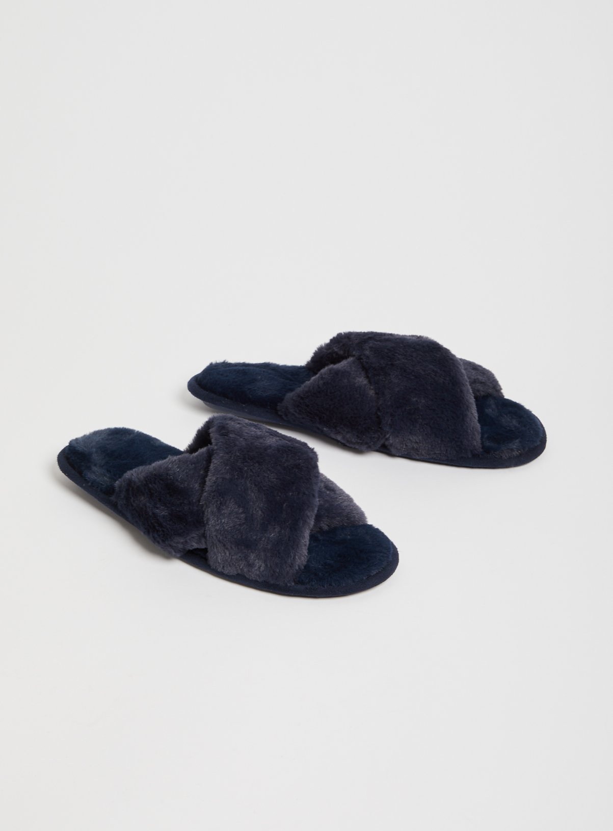 navy fur slippers
