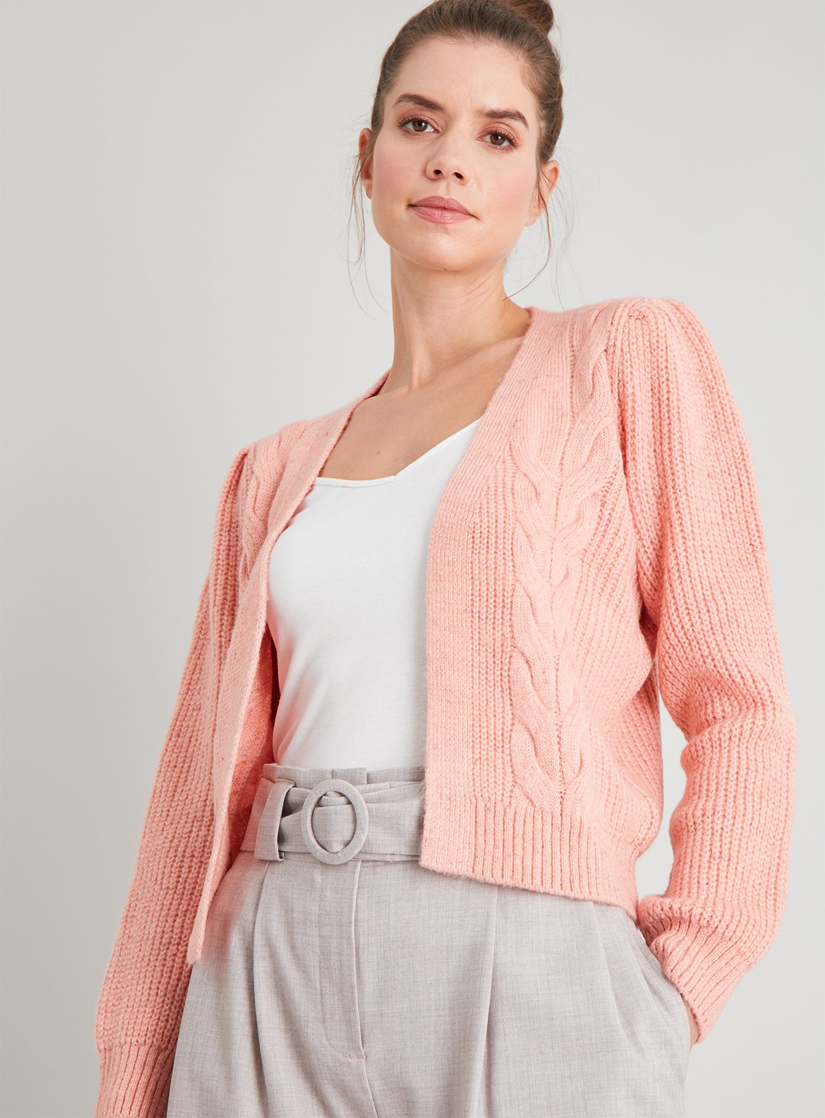 pink cable cardigan