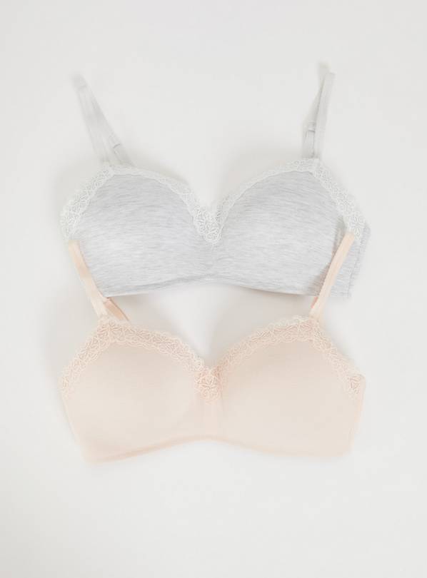 Grey & Pink Moulded Cup Lace Trim Bra - 36B