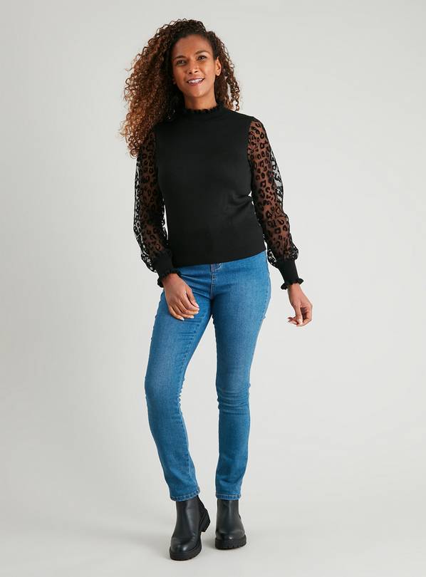 Buy Black Flocked Animal Print Sheer Sleeve Jumper 12 Jumpers Tu