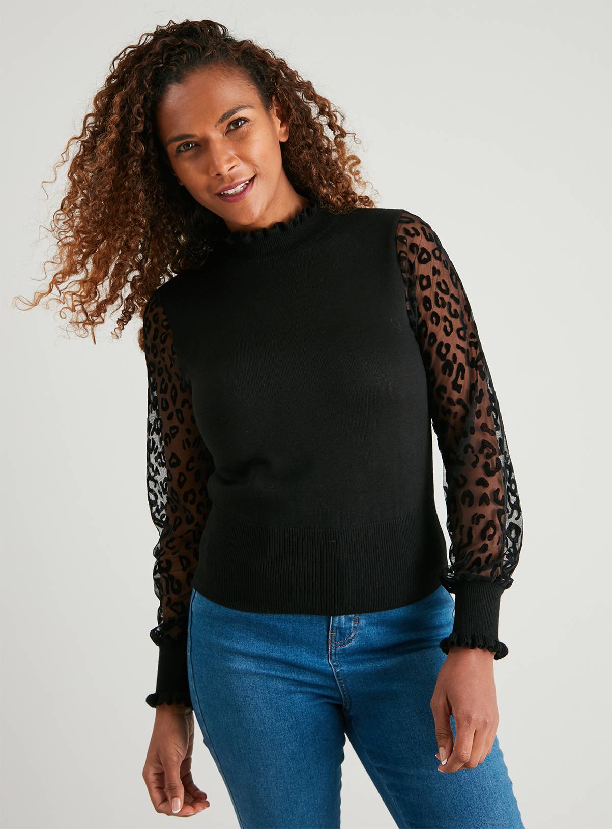 Black Flocked Animal Print Sheer Sleeve Jumper - 22 - Image 1