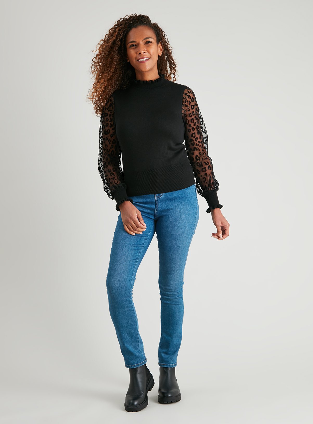 Black Flocked Animal Print Sheer Sleeve Jumper - 22 - Image 2 thumbnail