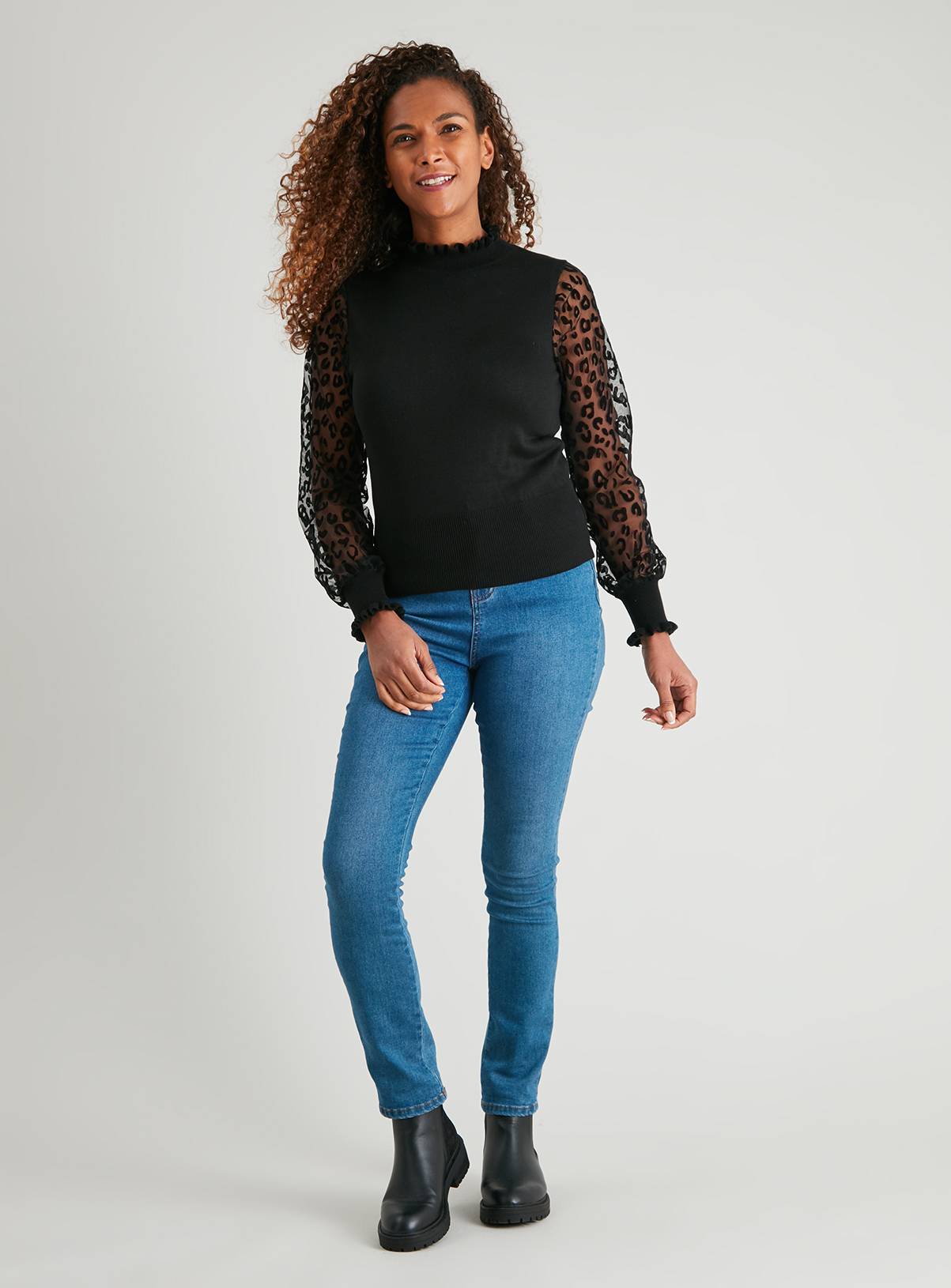 Black Flocked Animal Print Sheer Sleeve Jumper - 22 - Image 2
