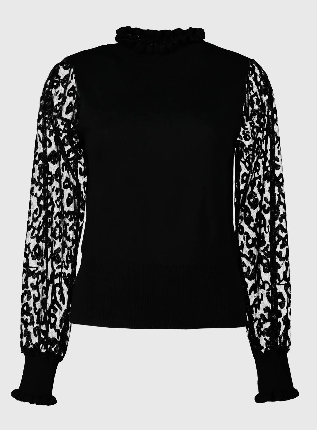 Black Flocked Animal Print Sheer Sleeve Jumper - 22 - Image 3