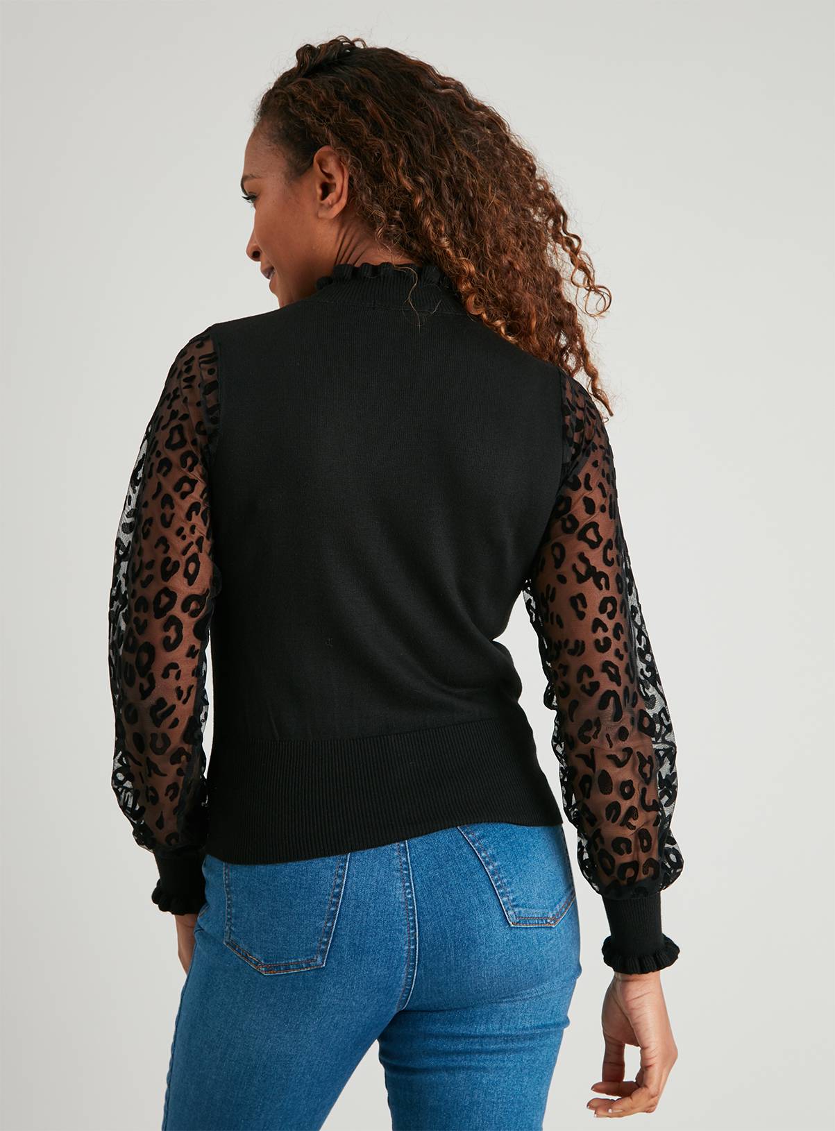 Black Flocked Animal Print Sheer Sleeve Jumper - 22 - Image 4