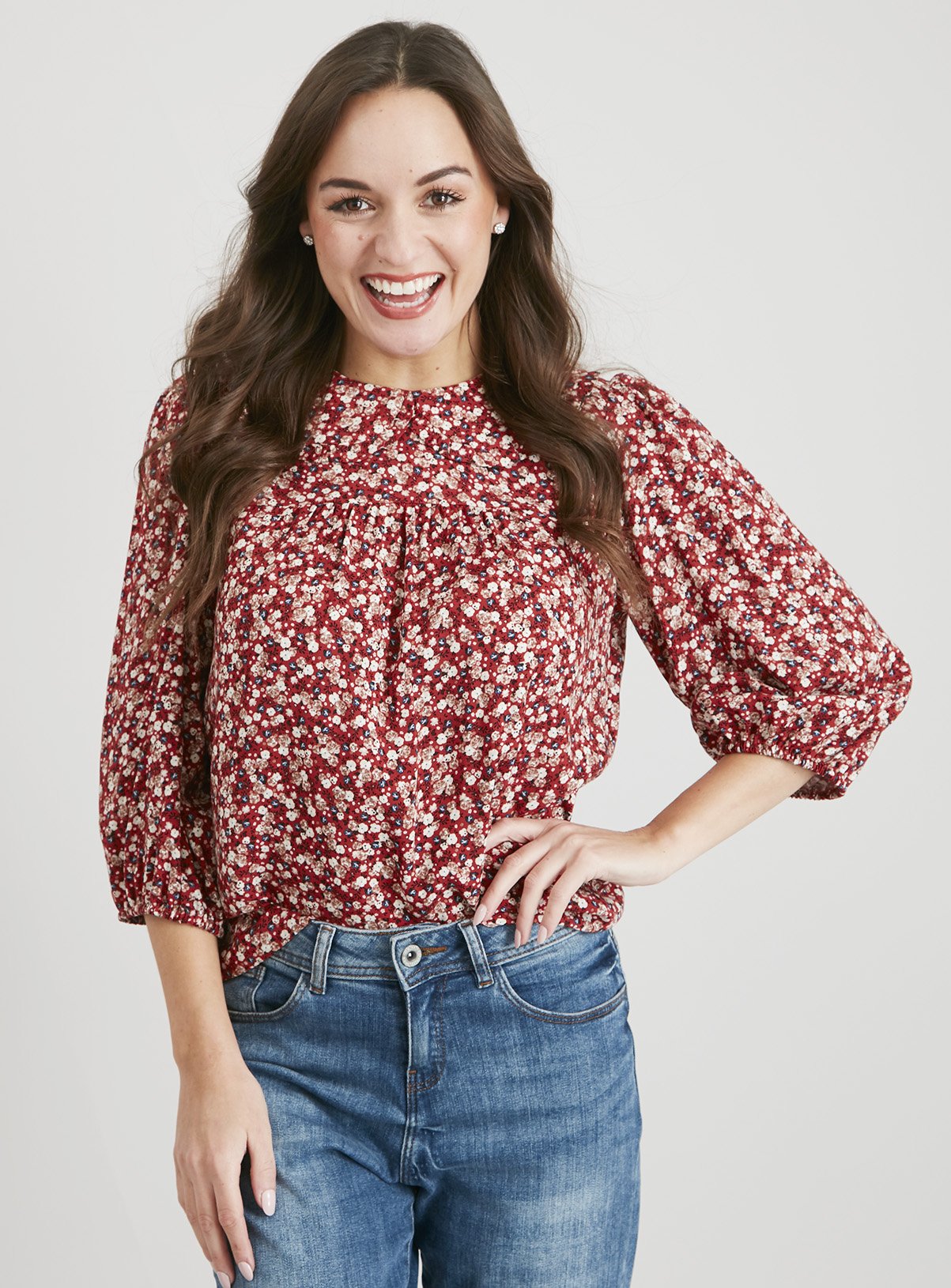 red peter pan collar top