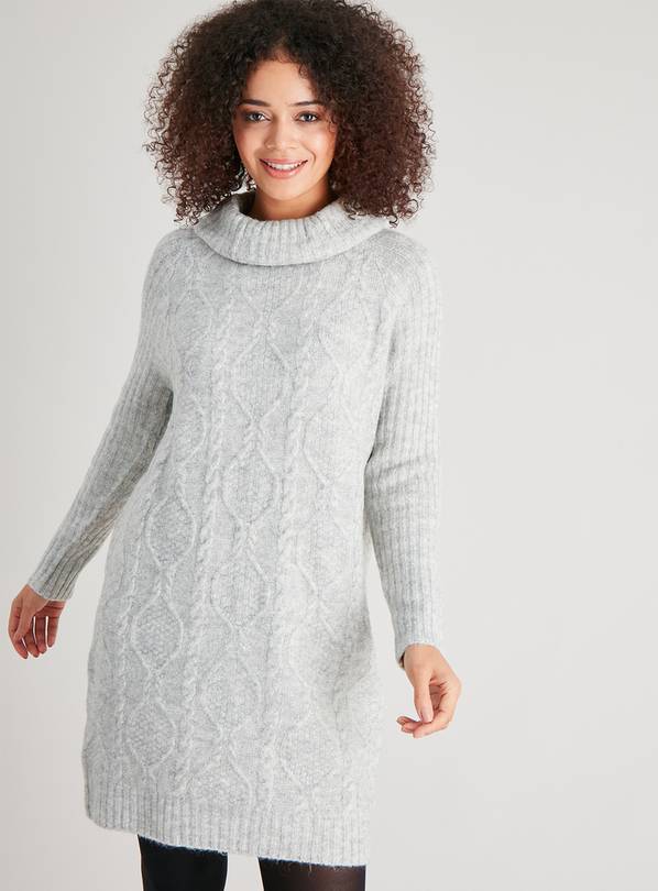 Buy Grey Roll Neck Cable Knit Dress - 12, Dresses