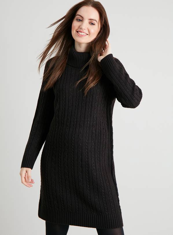 Black Cable Knit Soft Touch Roll Neck Jumper Dress - 16