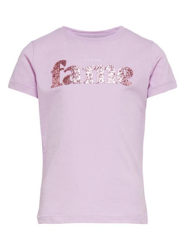 ONLY Kids Pink Glitter FAME Slogan T-Shirt - 9-10 years