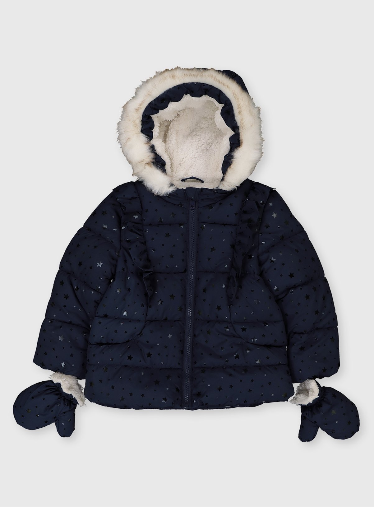 Navy Star Print Frill Puffer Coat With Mittens review