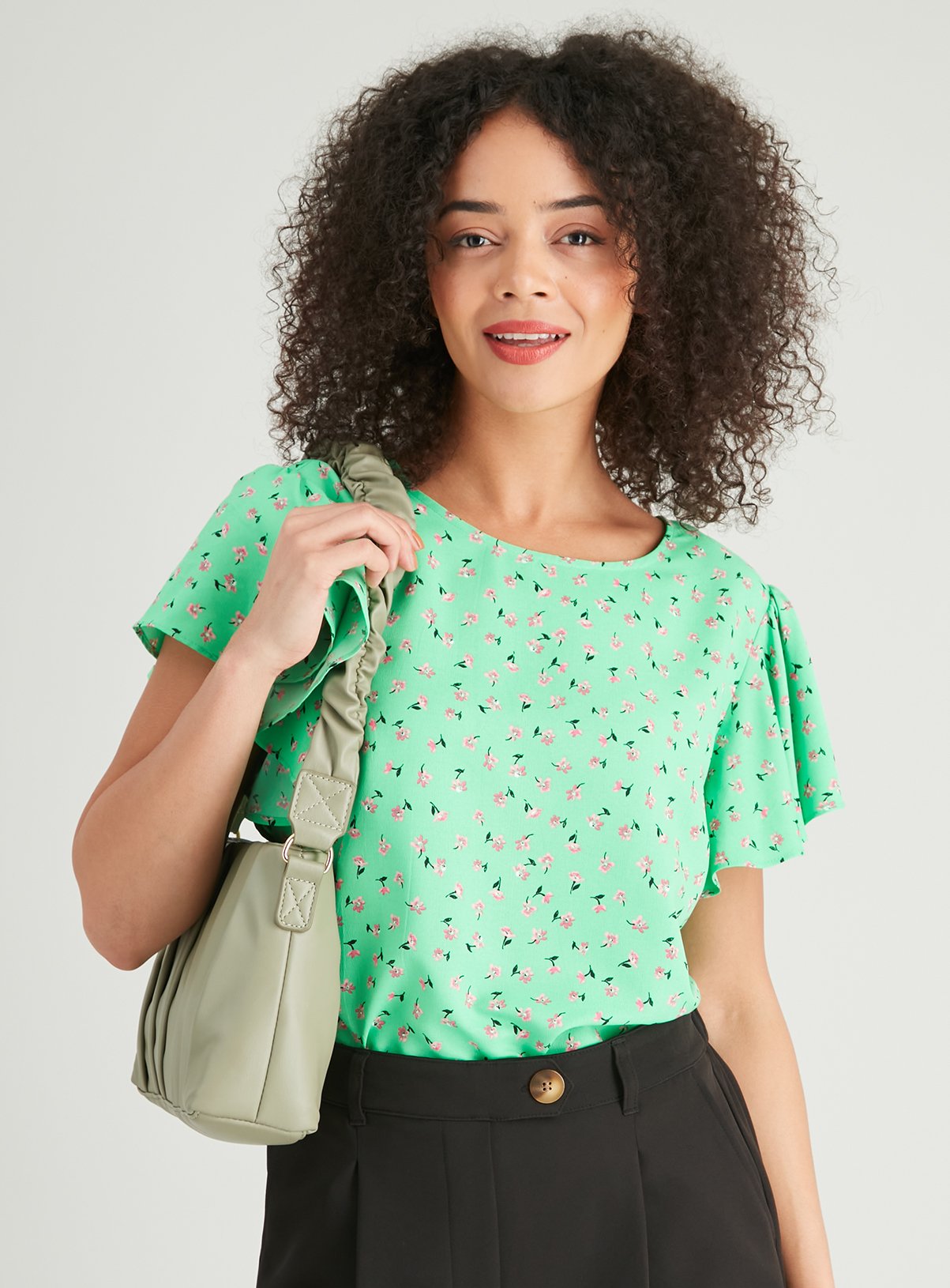 Green Floral Print Frill Sleeve T-Shirt 