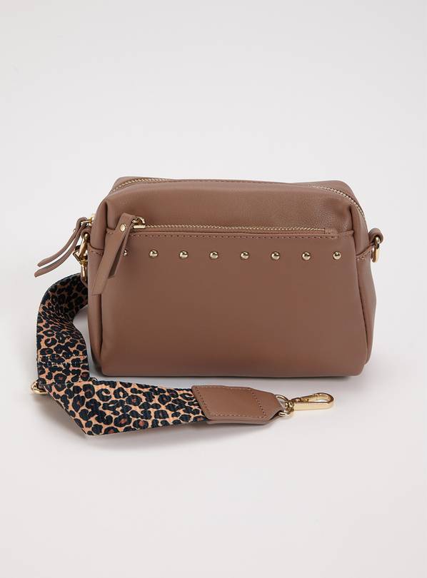 Tan Faux Leather & Animal Print Studded Bag - One Size