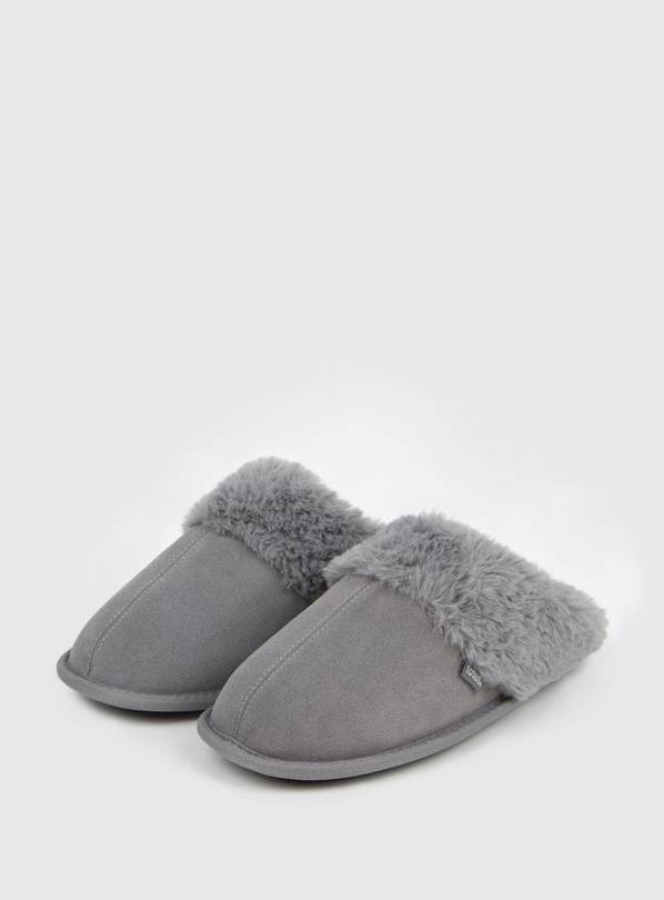 Grey Suede Mule Slippers With Faux Fur Collar - L