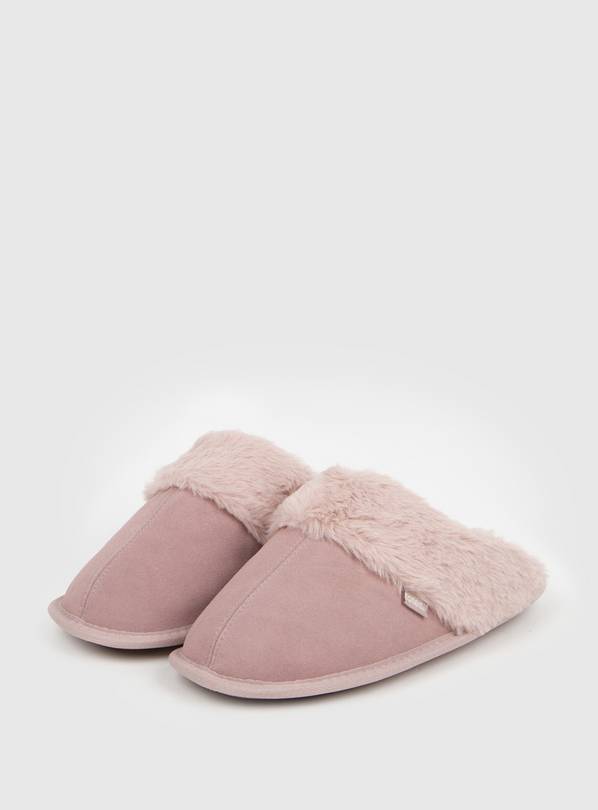 Pink Suede Mule with Faux Fur Collar - S