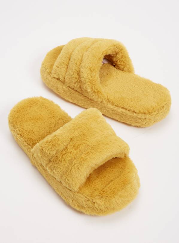 Yellow Faux Fur Slider Slippers - L