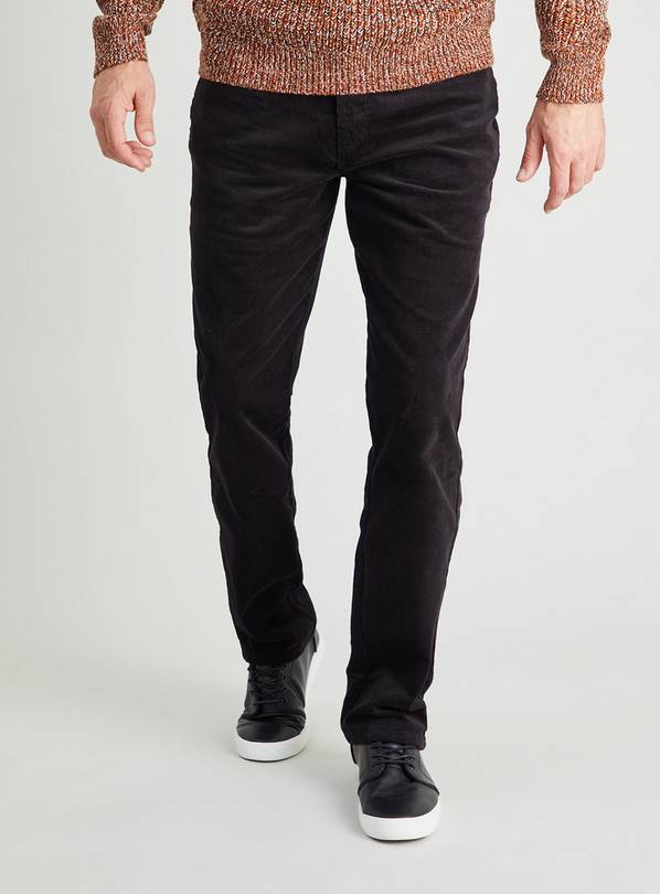 Black Corduroy Straight Leg Trousers With Stretch - W36 L32