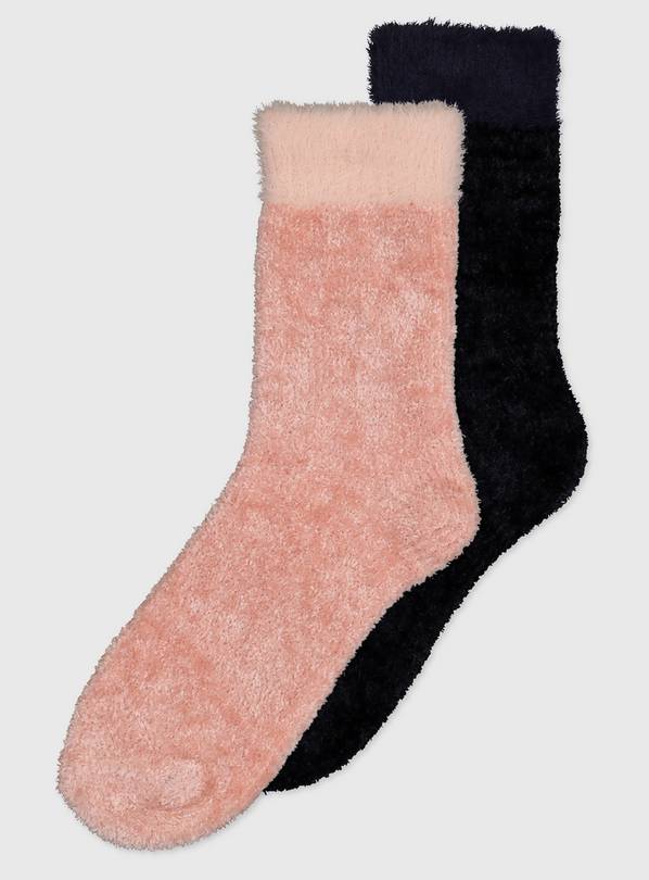 Pink & Navy Brushed Cuff Chenille Cosy Socks 2 Pack - 4-8