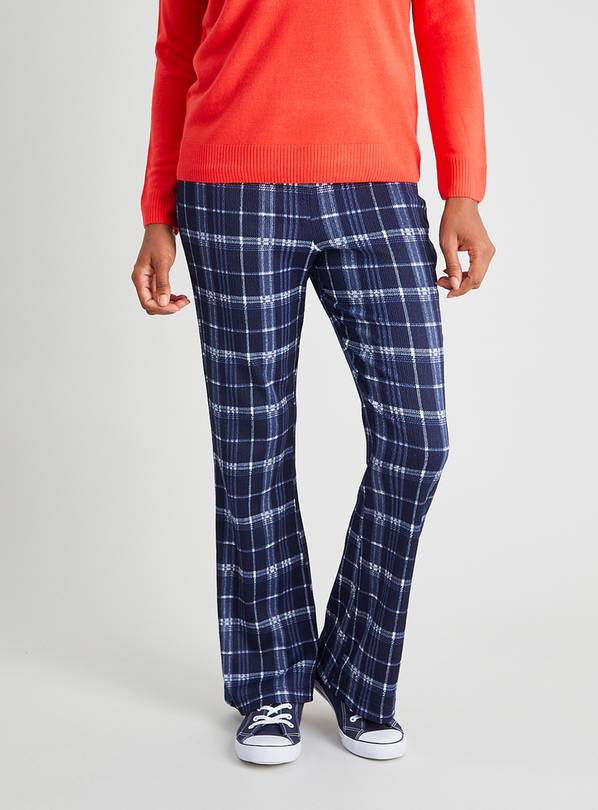 Navy Check Textured Jersey Kick Flare Trousers - 10