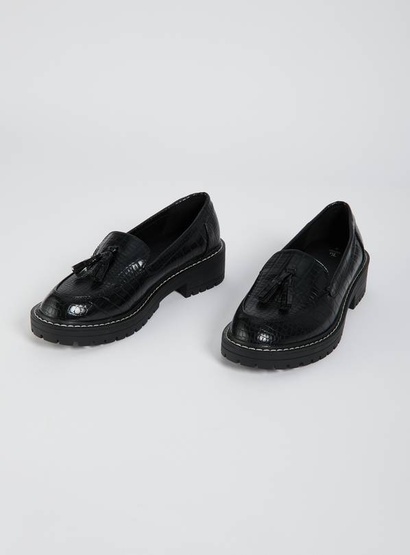 Black Mock Croc Chunky Loafers - 3