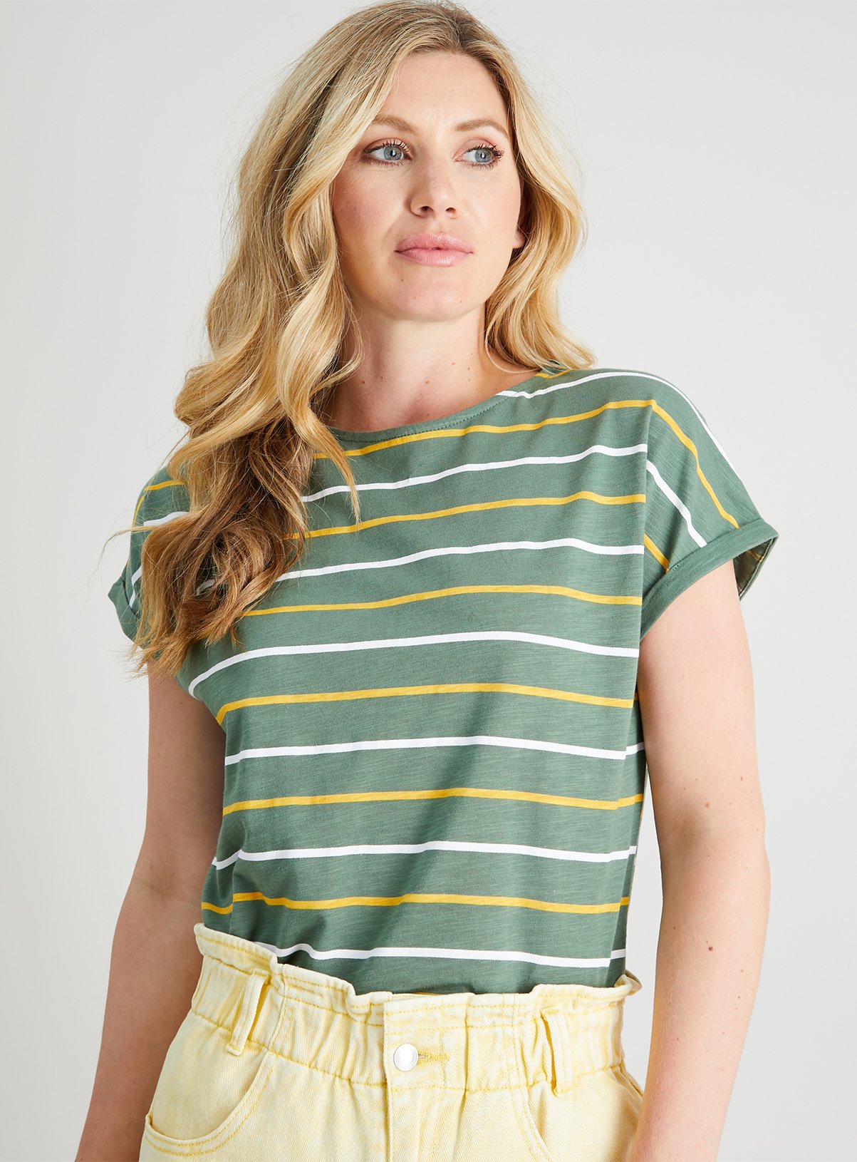 Womens Green Stripe Cap Sleeve T-Shirt 
