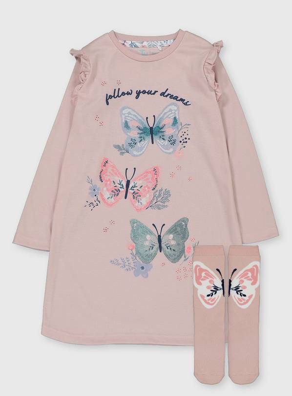 Pink Butterfly Nightdress & Slipper Socks - 4-5 years