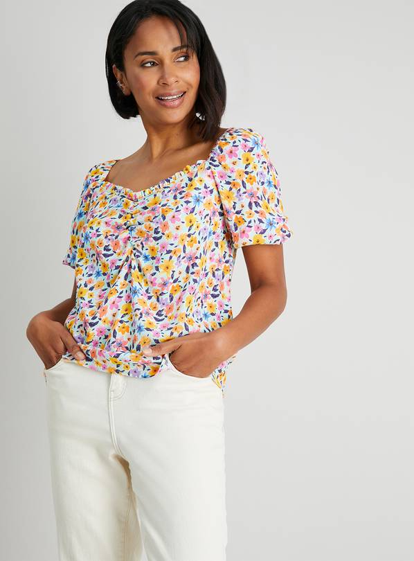 Floral Print Ruched Front T-Shirt - 24