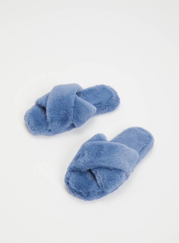 Blue Faux Fur Crossover Slider Slippers - 3-4