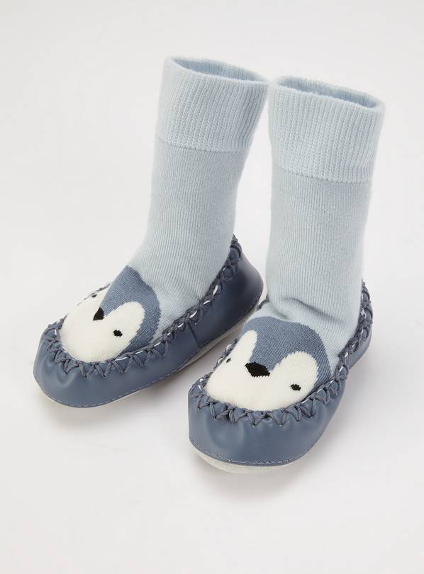 Blue Penguin Moccasin Slipper Socks - 12-18 months