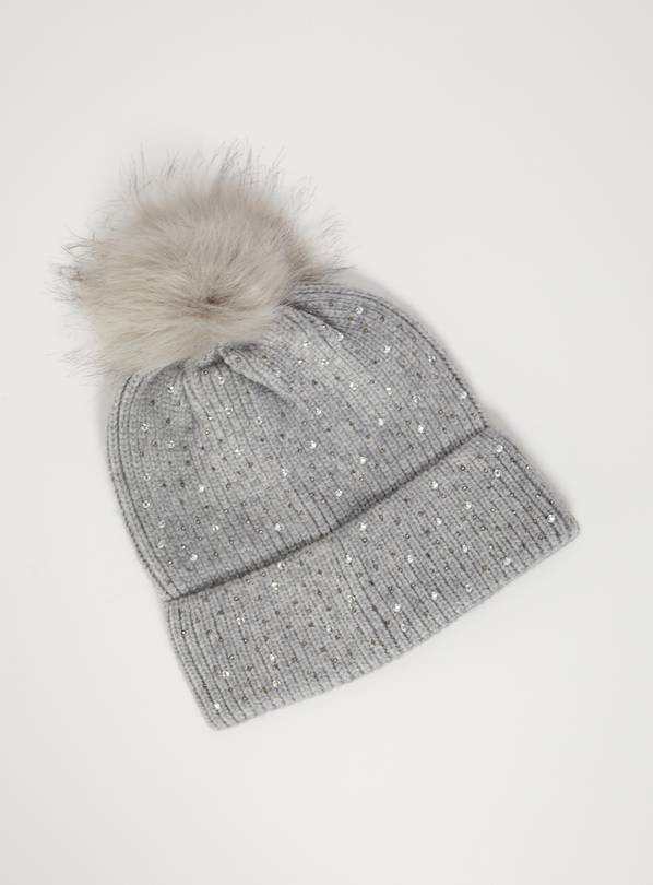 Grey Diamanté Knitted Beanie - One Size