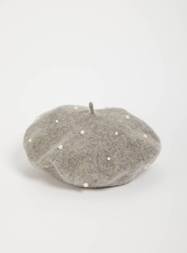 Grey Pearl Wool Beret - One Size