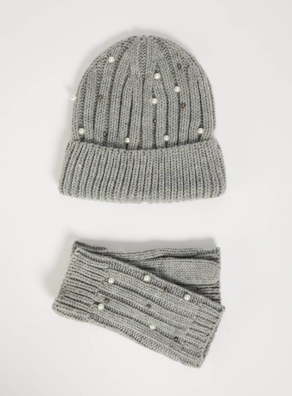 Grey Faux Pearl Hat & Mitten Set - One Size