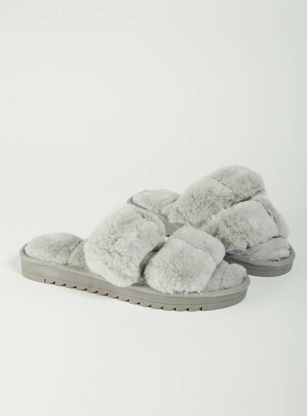 Grey Faux Fur Open Toe Slider Slippers - S