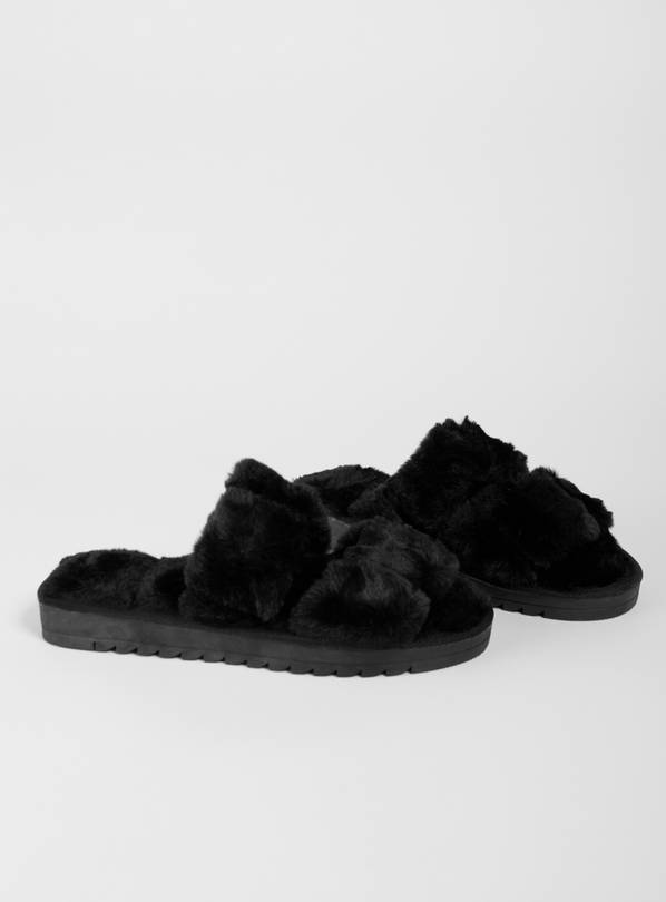 Buy Black Faux Fur Open Toe Slider Slippers - S | Slippers | Argos