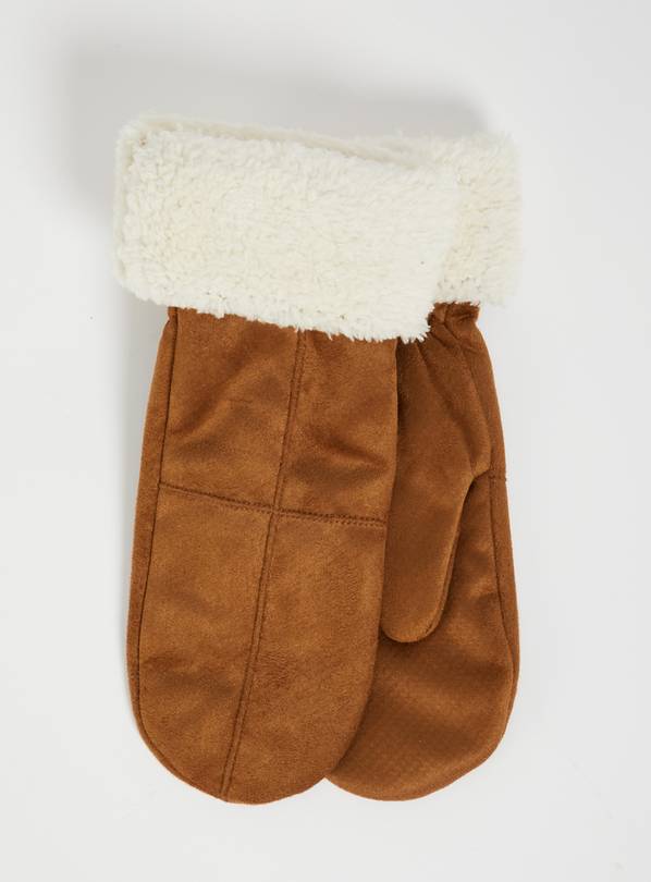 Tan Faux Suede Borg Lined Mittens - One Size