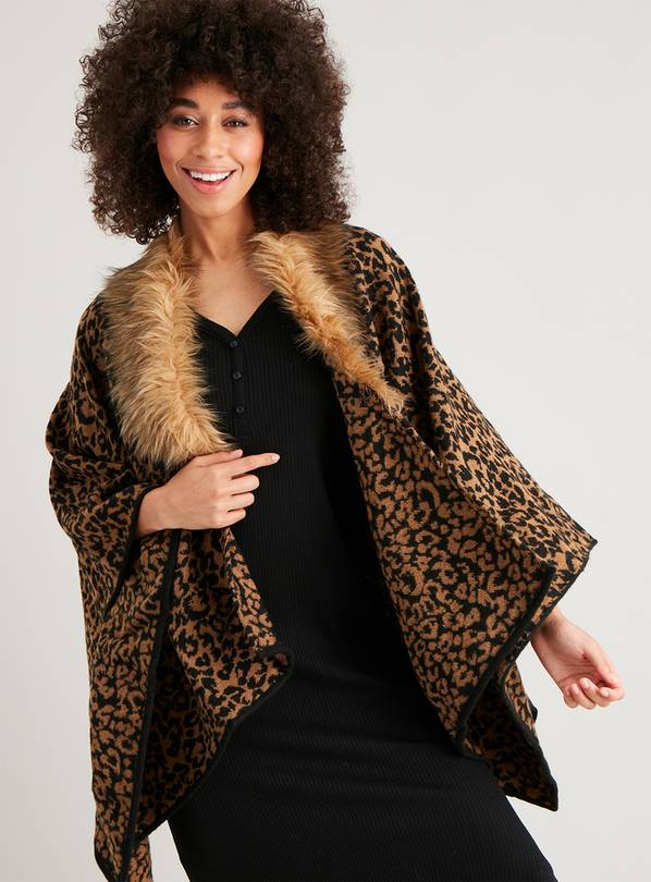 Leopard Print Faux Faux Collar Poncho - One Size