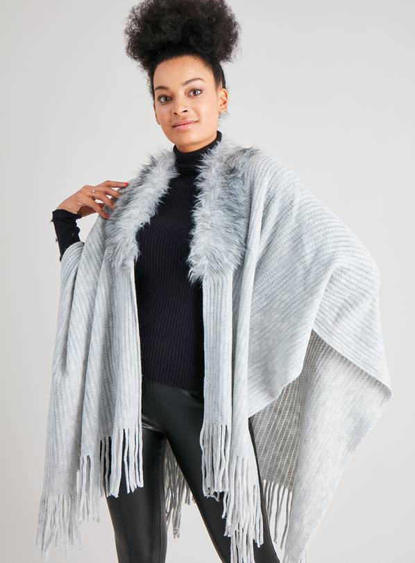 Grey Faux Fur Tassel Poncho - One Size