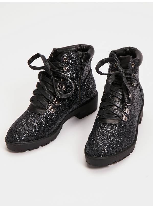 Black Glitter Hiker Boots - 8