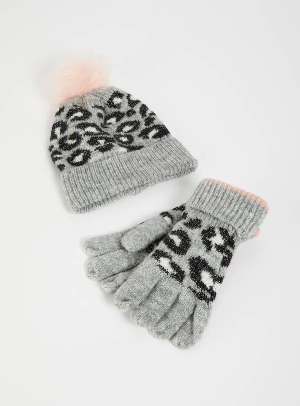 Grey Animal Print Hat & Gloves Set - 1-2 years