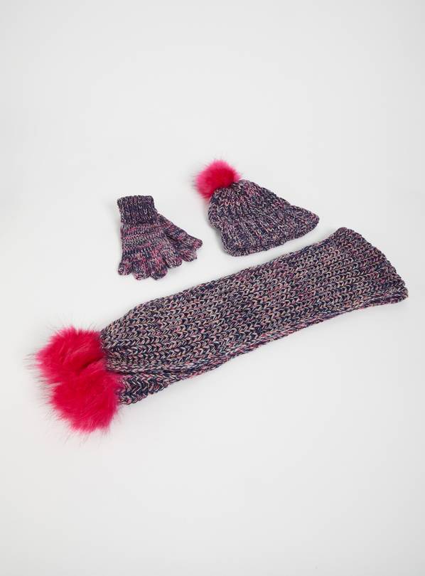 Navy & Pink Sparkle Knit Hat, Gloves & Scarf - 3-5 years