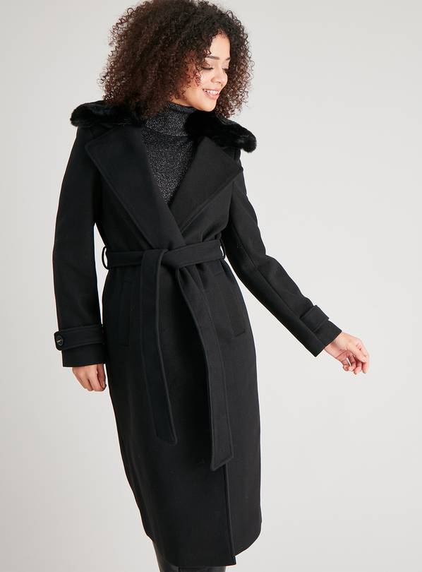 Black Longline Belted Coat With Faux Fur Trim - 10