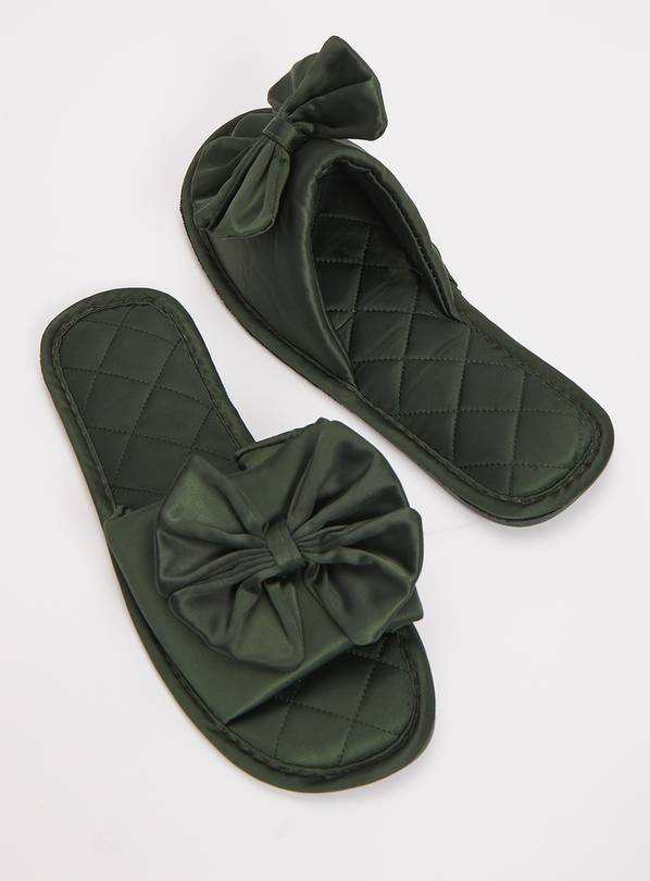 Green Satin Bow Slider Slippers - S