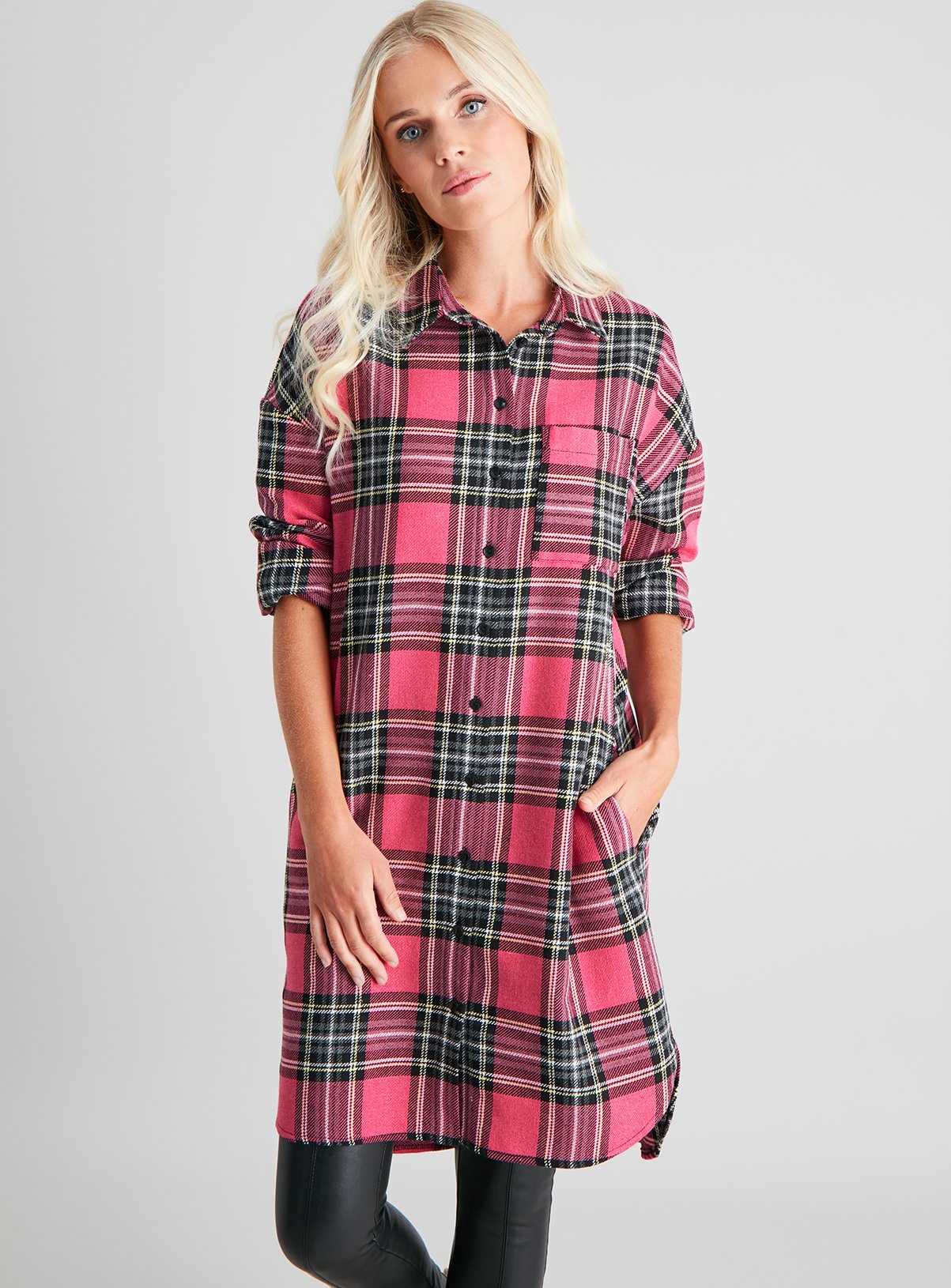 pink tartan shirt dress