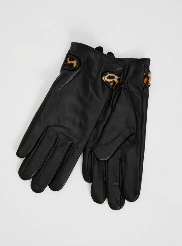 Black Leather Gloves With Leopard Trim - S