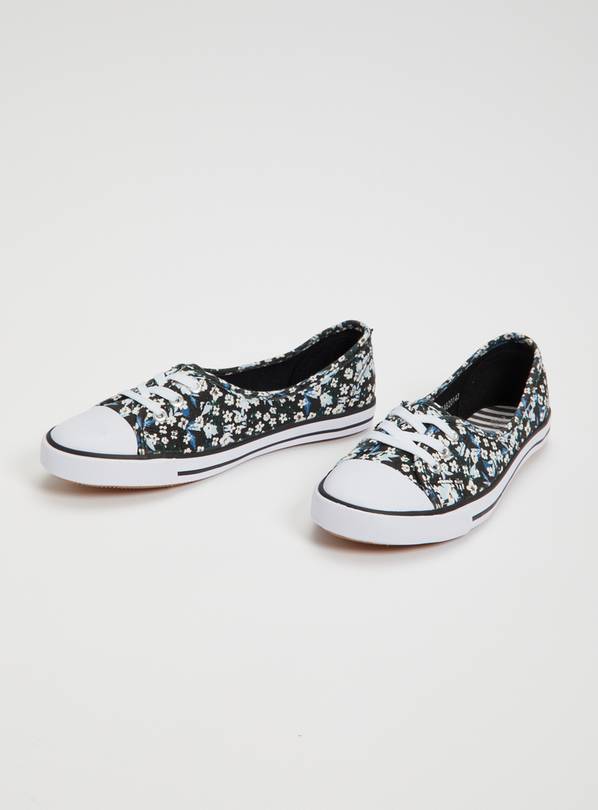 Floral Print Eyelet Low Lace Canvas Trainers - 6
