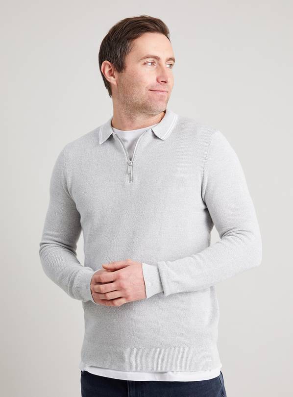 Grey Knitted Tipped Collar Polo Jumper - XXXL