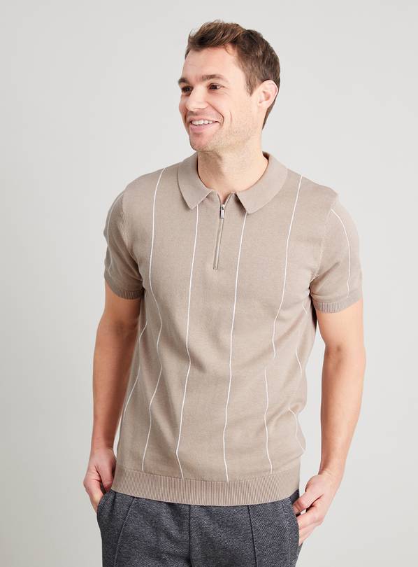 Taupe Stripe Knitted Cotton Polo Top - L